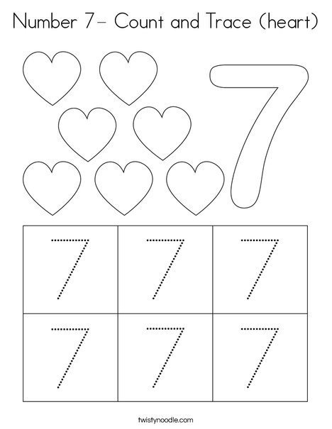 Number 7- Count and Trace (heart) Coloring Page