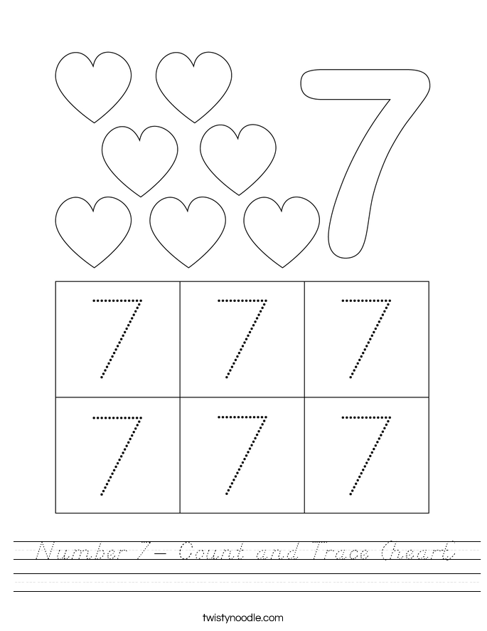 Number 7- Count and Trace (heart) Worksheet