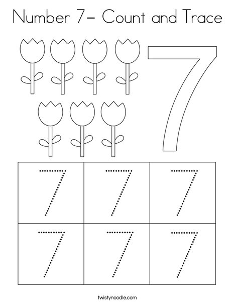 number 7 count and trace coloring page twisty noodle