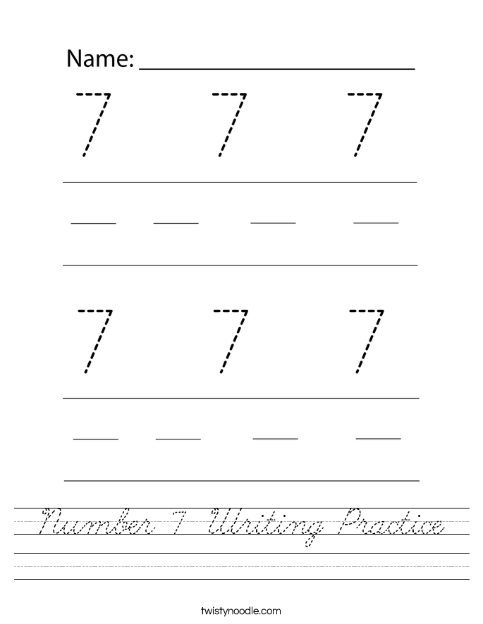 Number 7 Writing Practice Worksheet - Cursive - Twisty Noodle