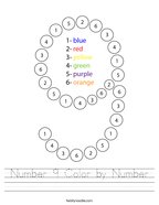 Number 9 Color by Number Handwriting Sheet