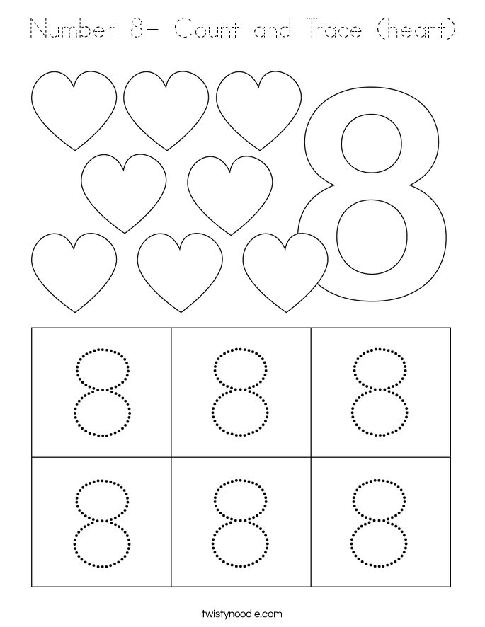 Number 8- Count and Trace (heart) Coloring Page