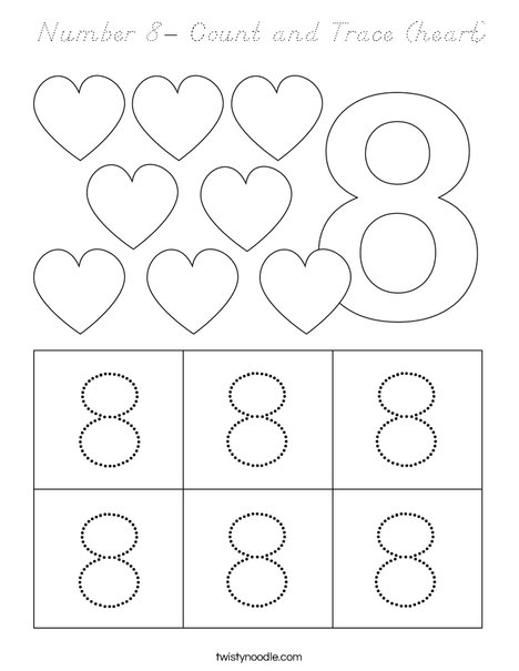 Number 8- Count and Trace (heart) Coloring Page
