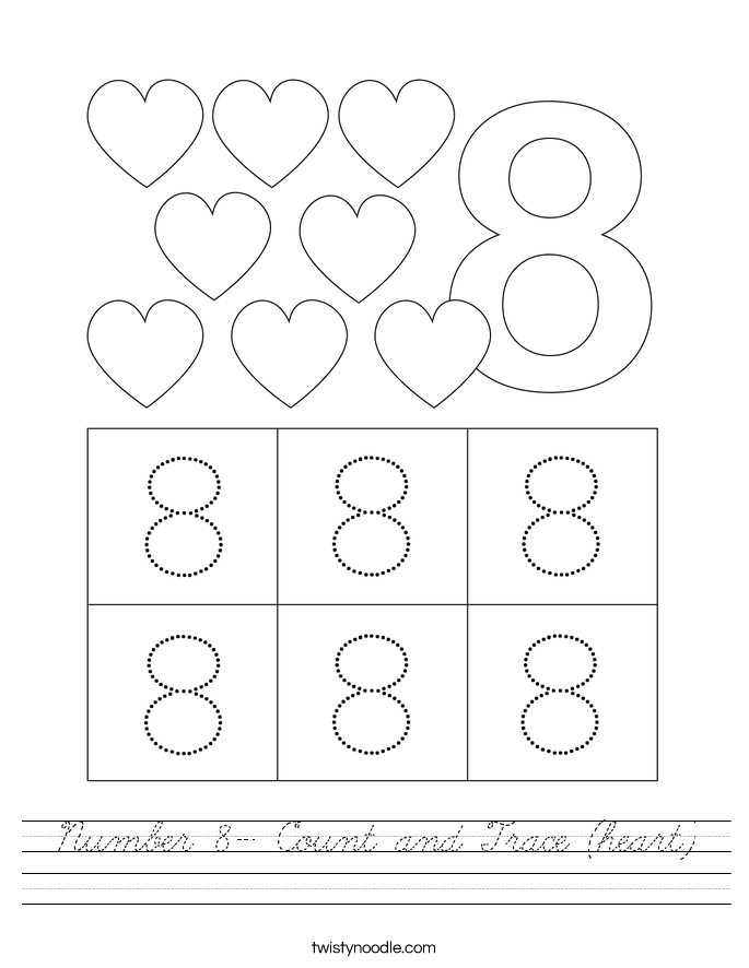 Number 8- Count and Trace (heart) Worksheet