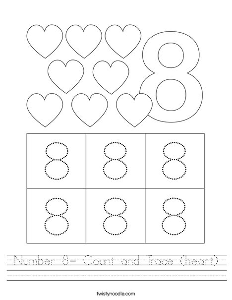 Number 8- Count and Trace (heart) Worksheet