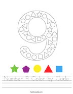 Number 9 Color by Code Handwriting Sheet