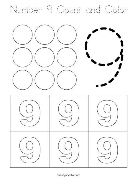 Number 9 Count and Color Coloring Page