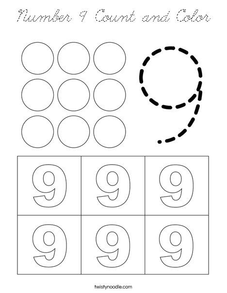 Number 9 Count and Color Coloring Page