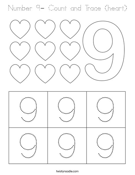 Number 9- Count and Trace (heart) Coloring Page