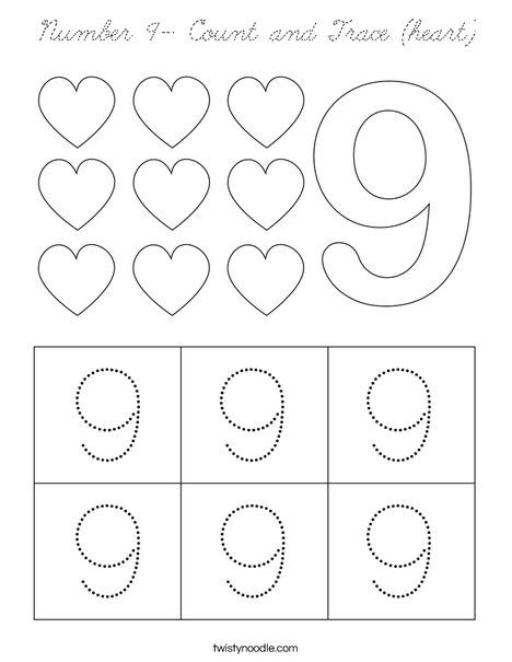 Number 9- Count and Trace (heart) Coloring Page