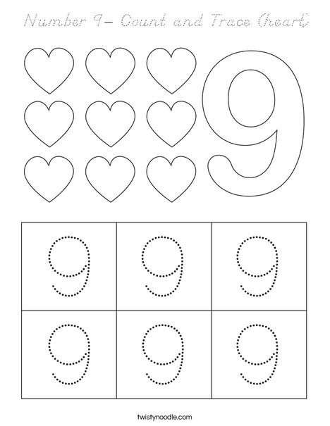 Number 9- Count and Trace (heart) Coloring Page