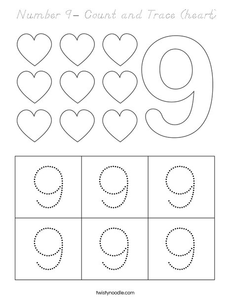 Number 9- Count and Trace (heart) Coloring Page