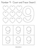 Number 9- Count and Trace (heart) Coloring Page
