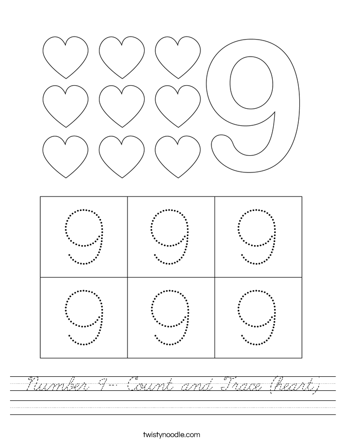 Number 9- Count and Trace (heart) Worksheet