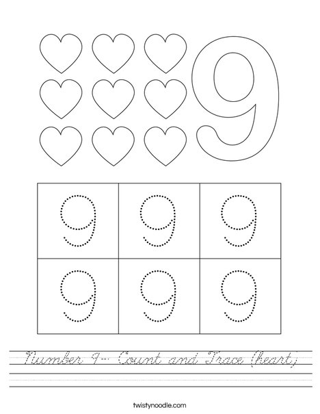 Number 9- Count and Trace (heart) Worksheet