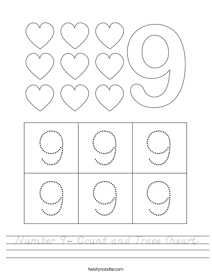 Number 9- Count and Trace (heart) Worksheet