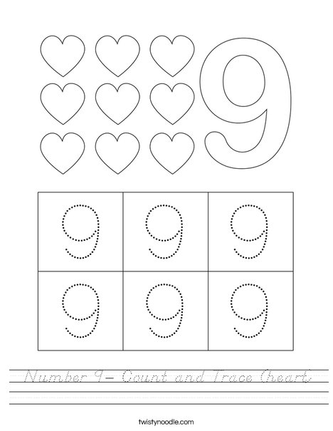 Number 9- Count and Trace (heart) Worksheet