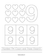 Number 9- Count and Trace (heart) Handwriting Sheet