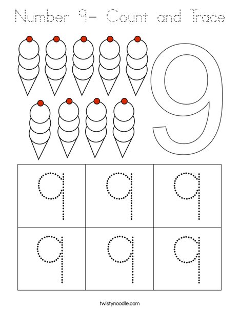 Number 9- Count and Trace Coloring Page