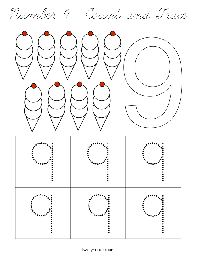 Number 9- Count And Trace Coloring Page - Cursive - Twisty Noodle