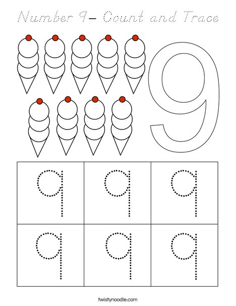 Number 9- Count and Trace Coloring Page