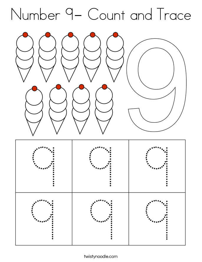 Number 9- Count and Trace Coloring Page - Twisty Noodle