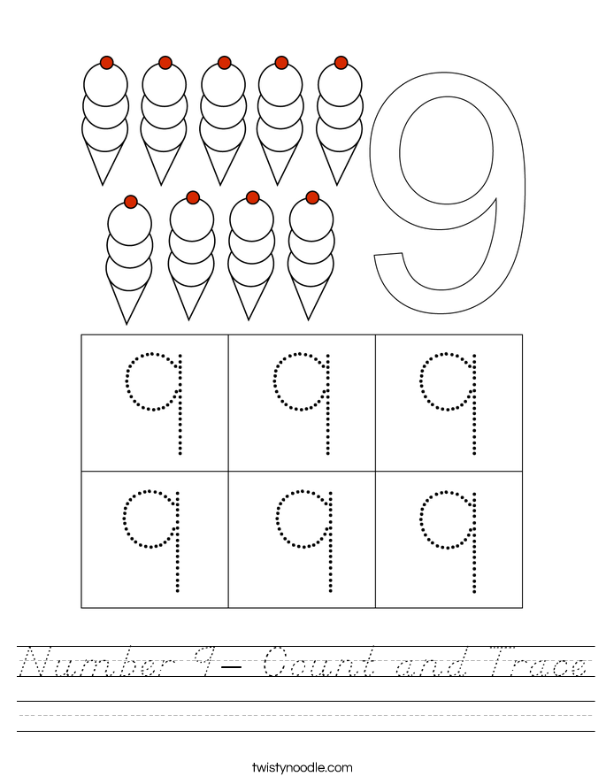 Number 9 Count And Trace Worksheet Dnealian Twisty Noodle