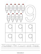Number 9- Count and Trace Handwriting Sheet