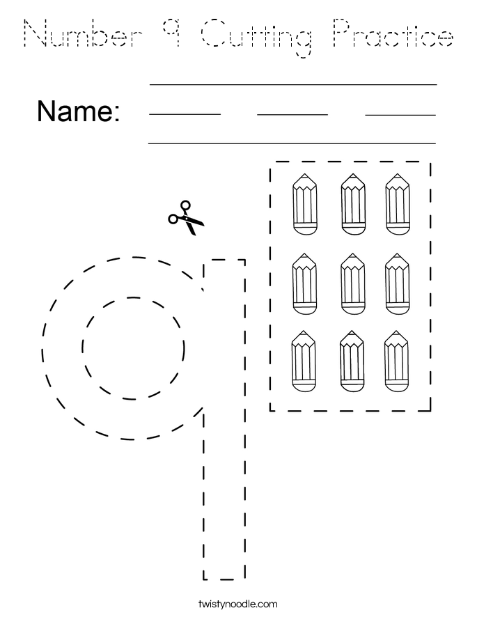 Number 9 Cutting Practice Coloring Page