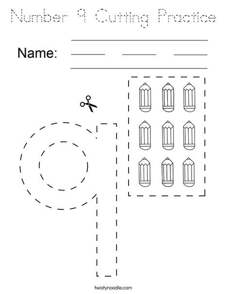 Number 9 Cutting Practice Coloring Page