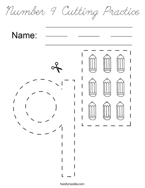 Number 9 Cutting Practice Coloring Page