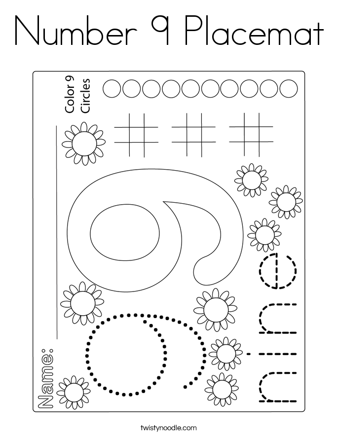 Number 9 Placemat Coloring Page