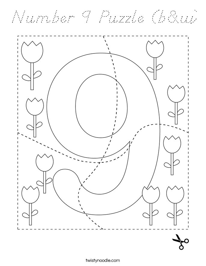 Number 9 Puzzle (b&w) Coloring Page