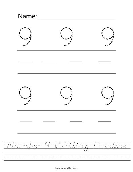 Number 9 Writing Practice Worksheet