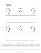 Number 9 Writing Practice Handwriting Sheet