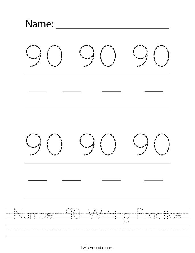 Number 90 Writing Practice Worksheet - Twisty Noodle