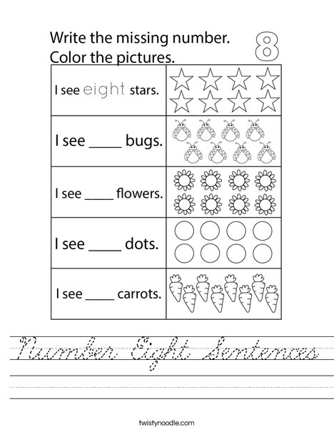 Number Eight Sentences Worksheet
