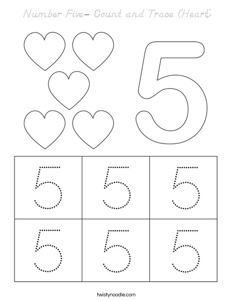 Number Five- Count and Trace (Heart) Coloring Page