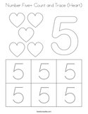 Number Five- Count and Trace (Heart) Coloring Page