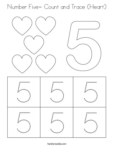 Number Five- Count and Trace (Heart) Coloring Page