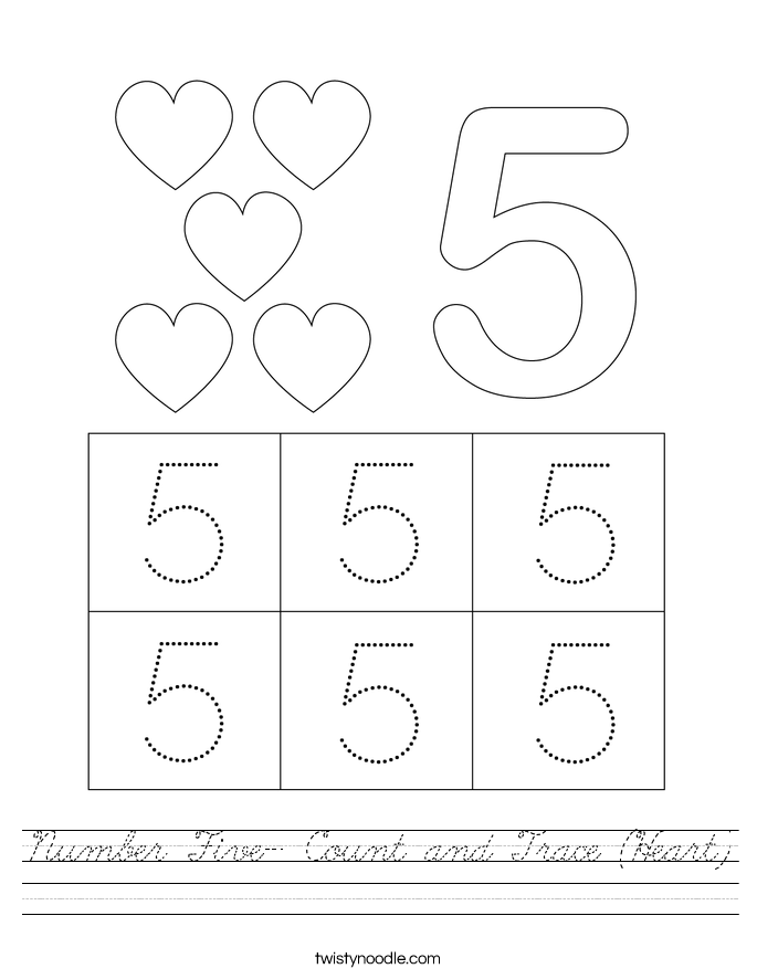 Number Five- Count and Trace (Heart) Worksheet