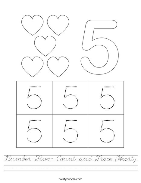 Number Five- Count and Trace (Heart) Worksheet