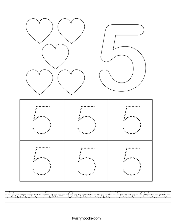 Number Five- Count and Trace (Heart) Worksheet