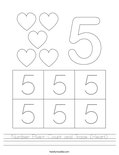 Number Five- Count and Trace (Heart) Worksheet
