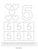 Number Five- Count and Trace (Heart) Handwriting Sheet