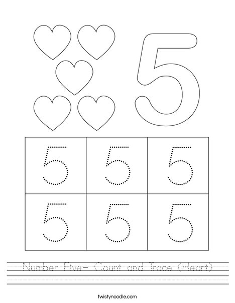 Number Five- Count and Trace (Heart) Worksheet