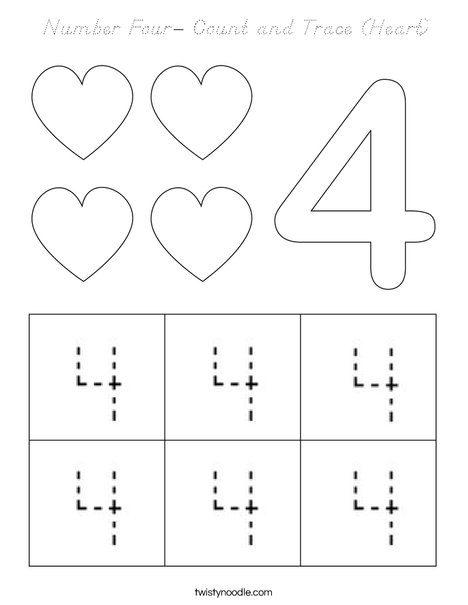 Number Four- Count and Trace (Heart) Coloring Page