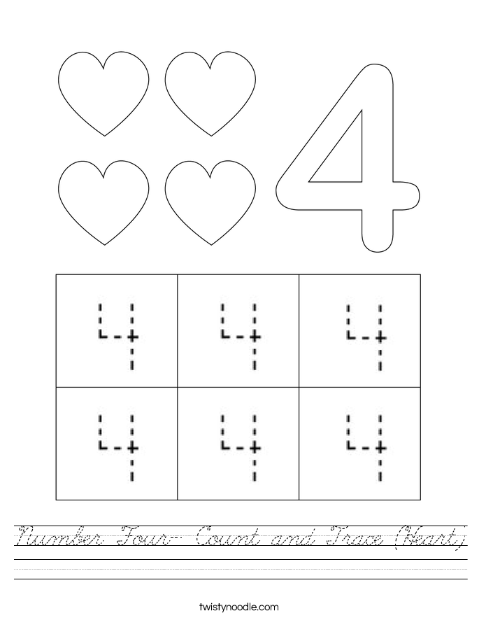 Number Four- Count and Trace (Heart) Worksheet