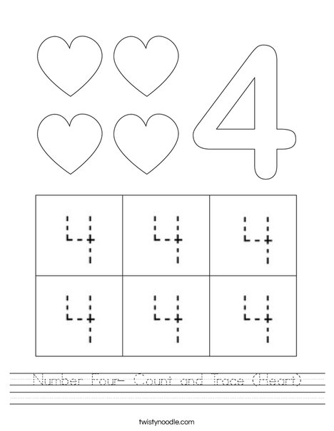 Number Four- Count and Trace (Heart) Worksheet