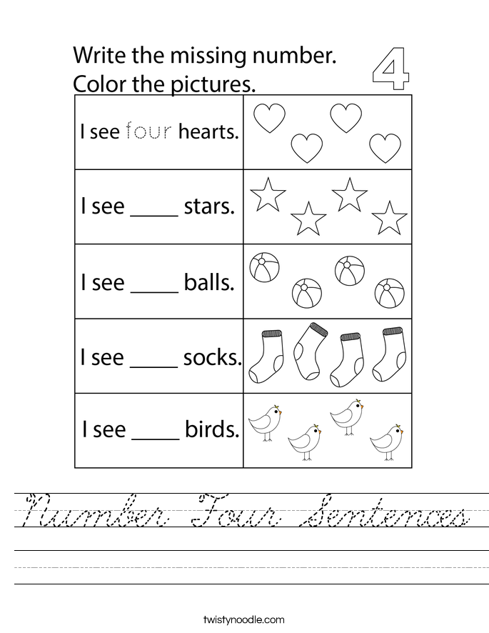 Number Four Sentences Worksheet